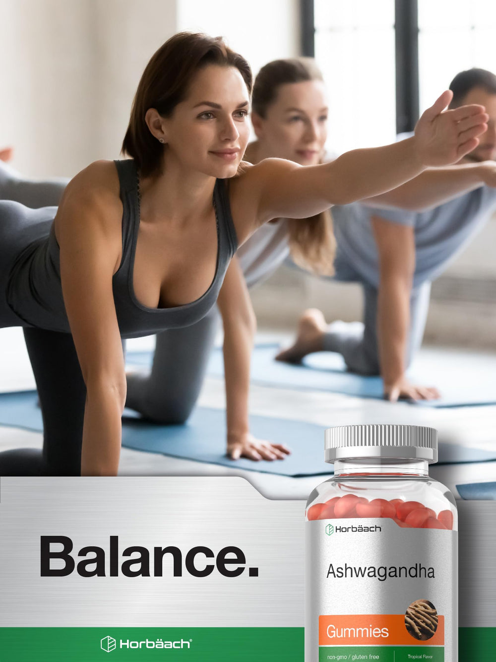 Horbäach Ashwagandha Gummies close-up reveals chewy texture and tropical flavor.