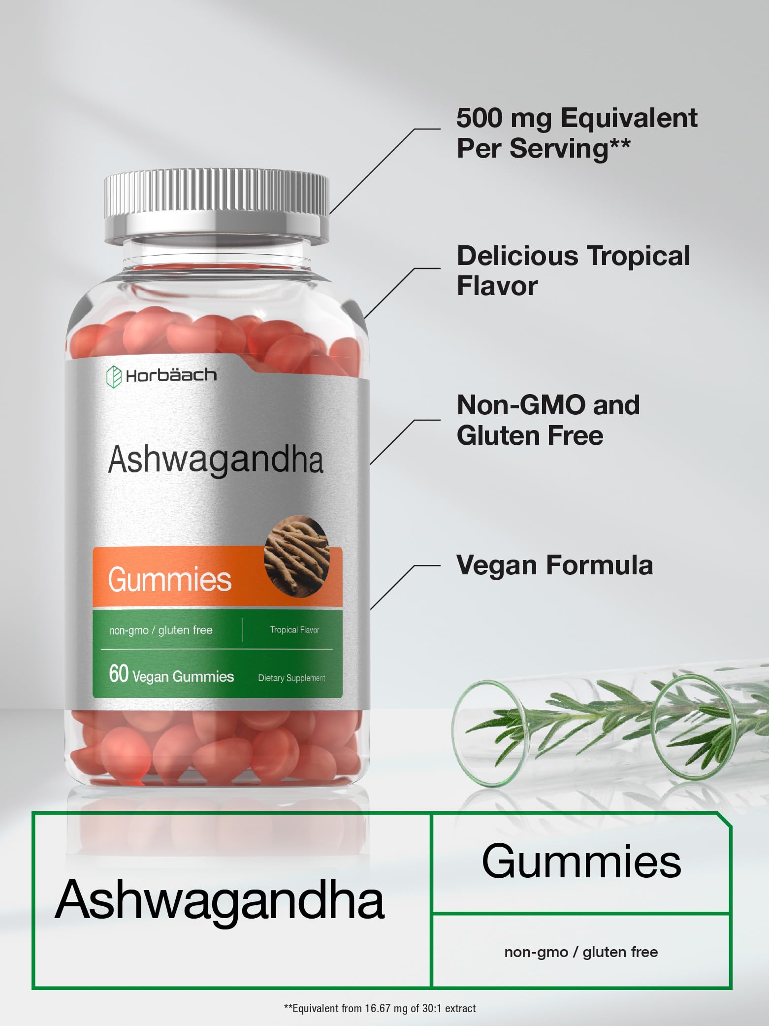Horbäach Ashwagandha Gummies gluten-free and non-GMO badge on front.