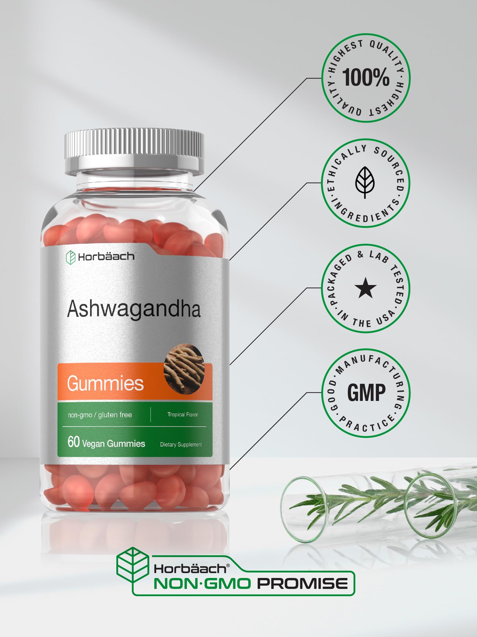 Horbäach Ashwagandha Gummies packaging photo communicates purity and quality.