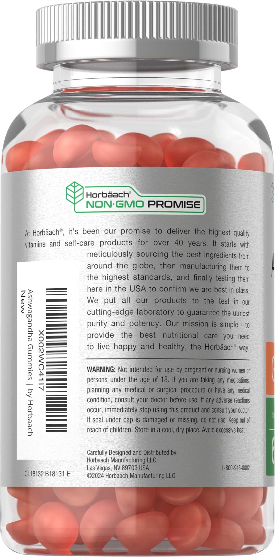 Horbäach Ashwagandha Gummies vegan-pectin formula close-up highlights plant-based ingredients.