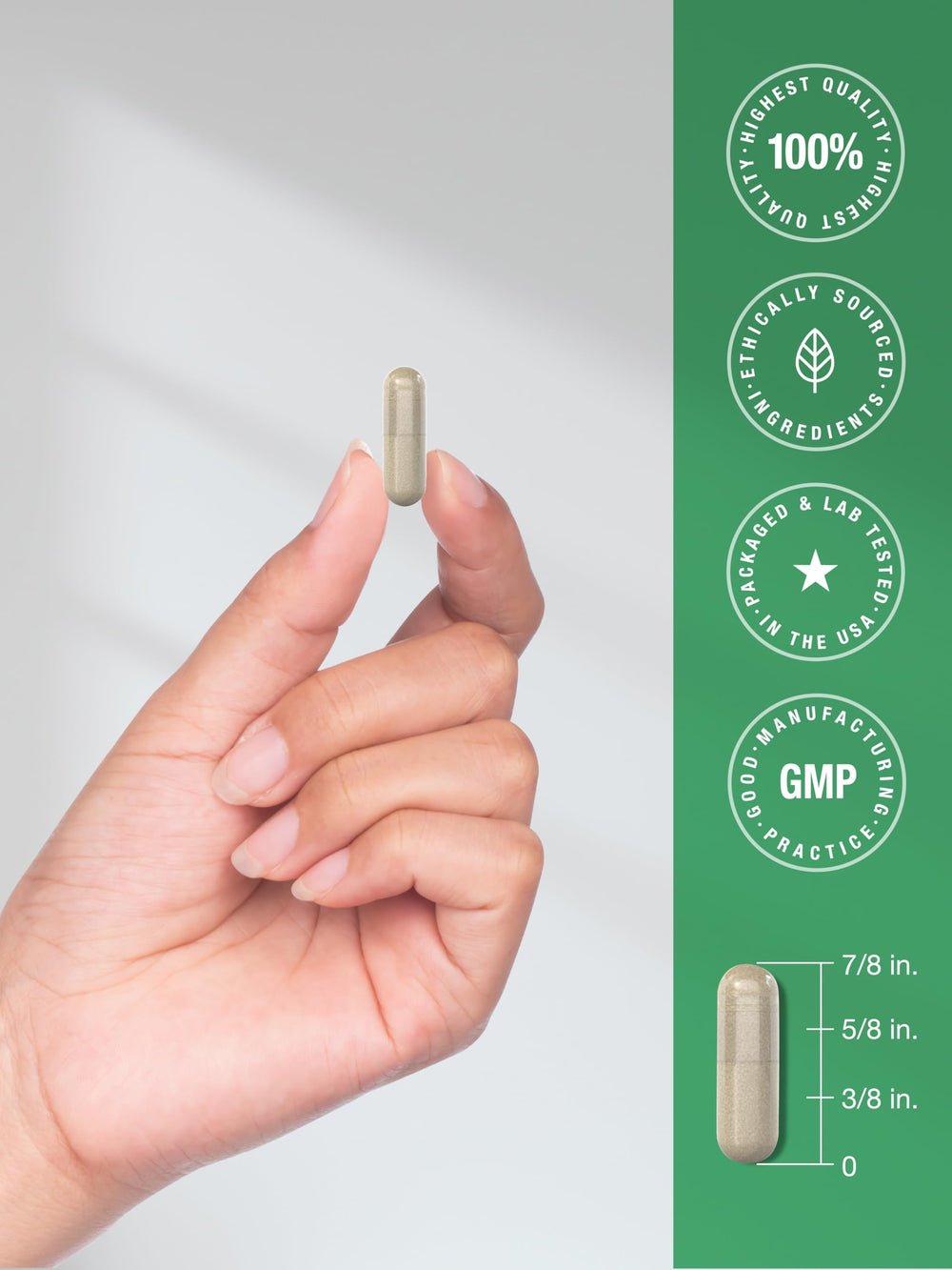 Lab-test seal on Horbaach Ashwagandha bottle signaling potency and purity.