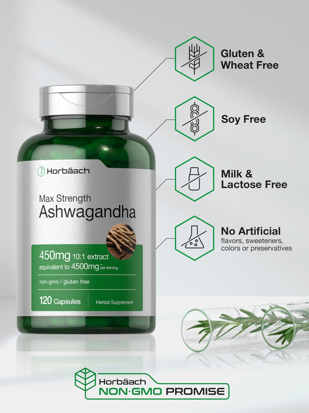 Non-GMO Horbaach Ashwagandha indicating clean ingredient sourcing.