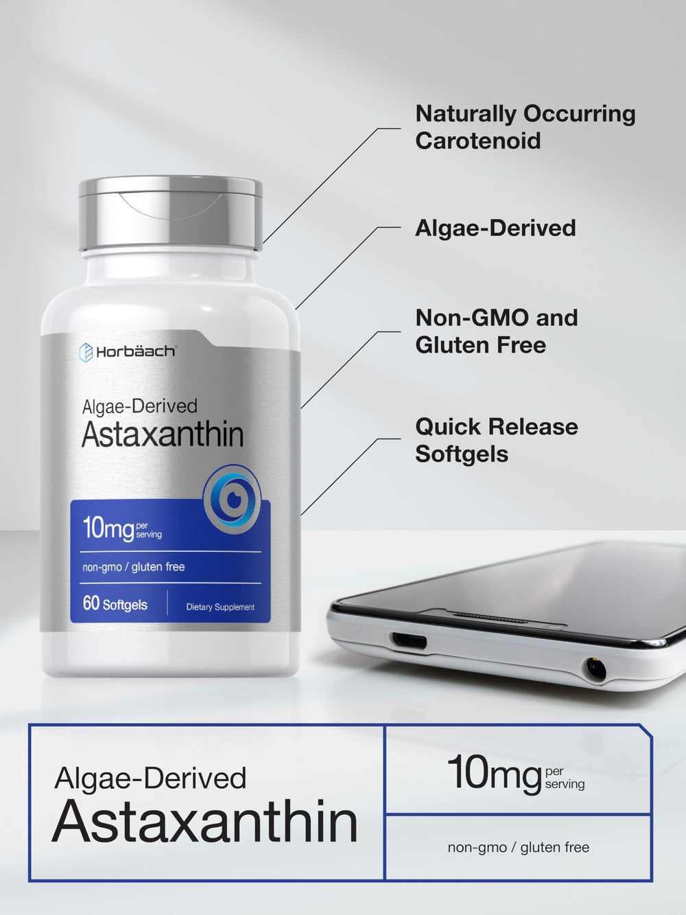 Horbäach Astaxanthin 10mg softgels cap close-up emphasizes compact capsule.