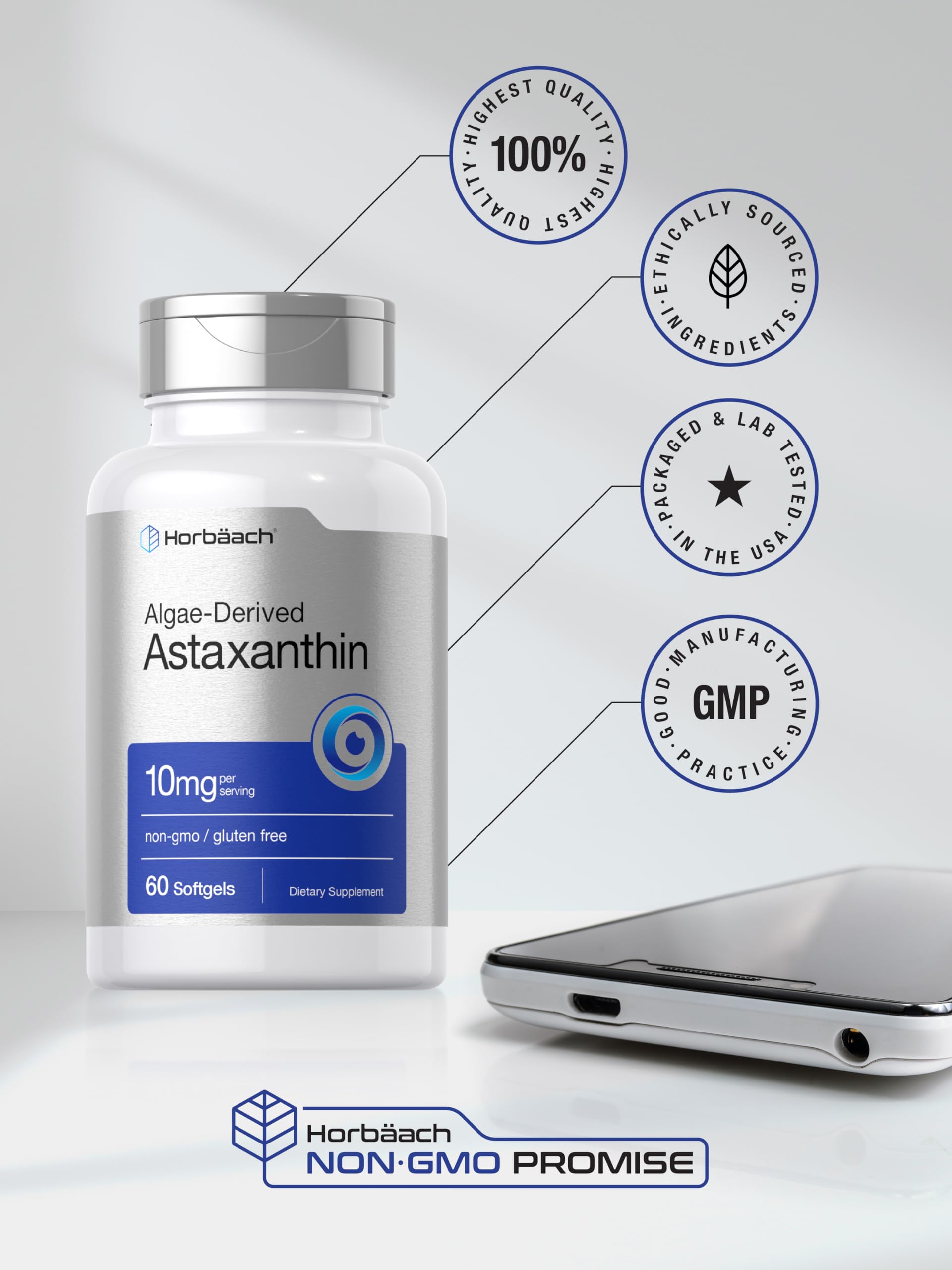 Horbäach Astaxanthin 10mg softgels with glass of water supports daily routine.