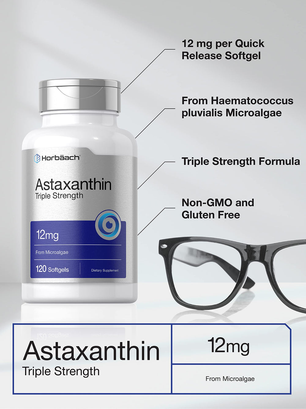 Label detail shows 12 mg strength and non-GMO claim on Horbaach Astaxanthin
