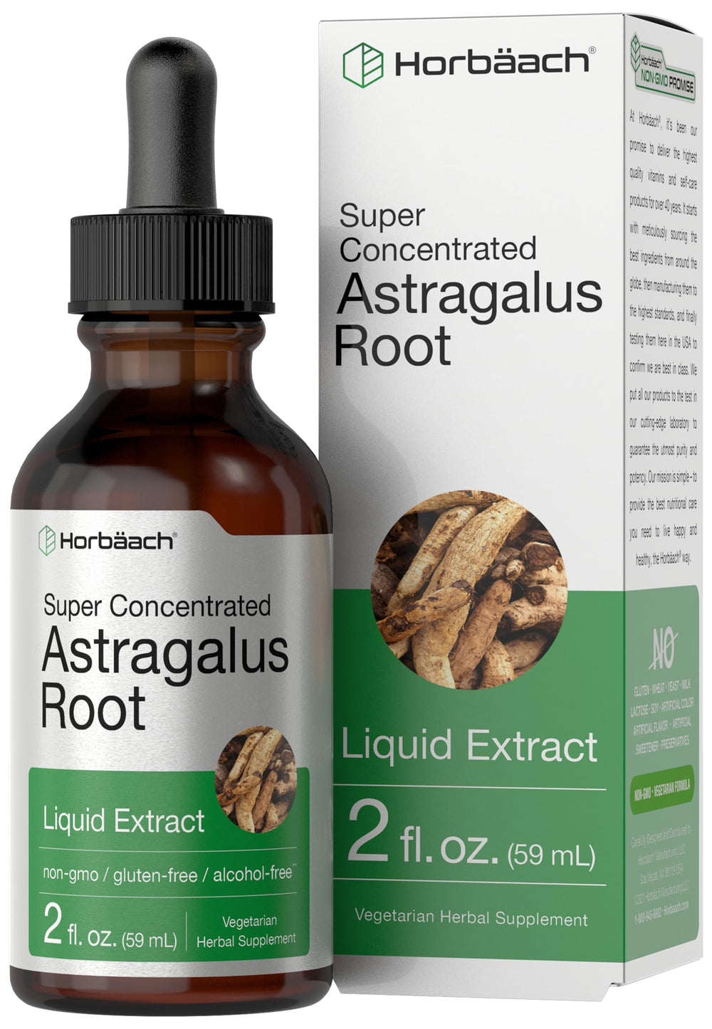 Horbäach Astragalus root extract liquid bottle on white background for daily use