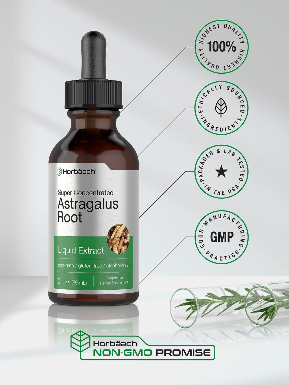 Side view of Horbäach astragalus root extract liquid bottle