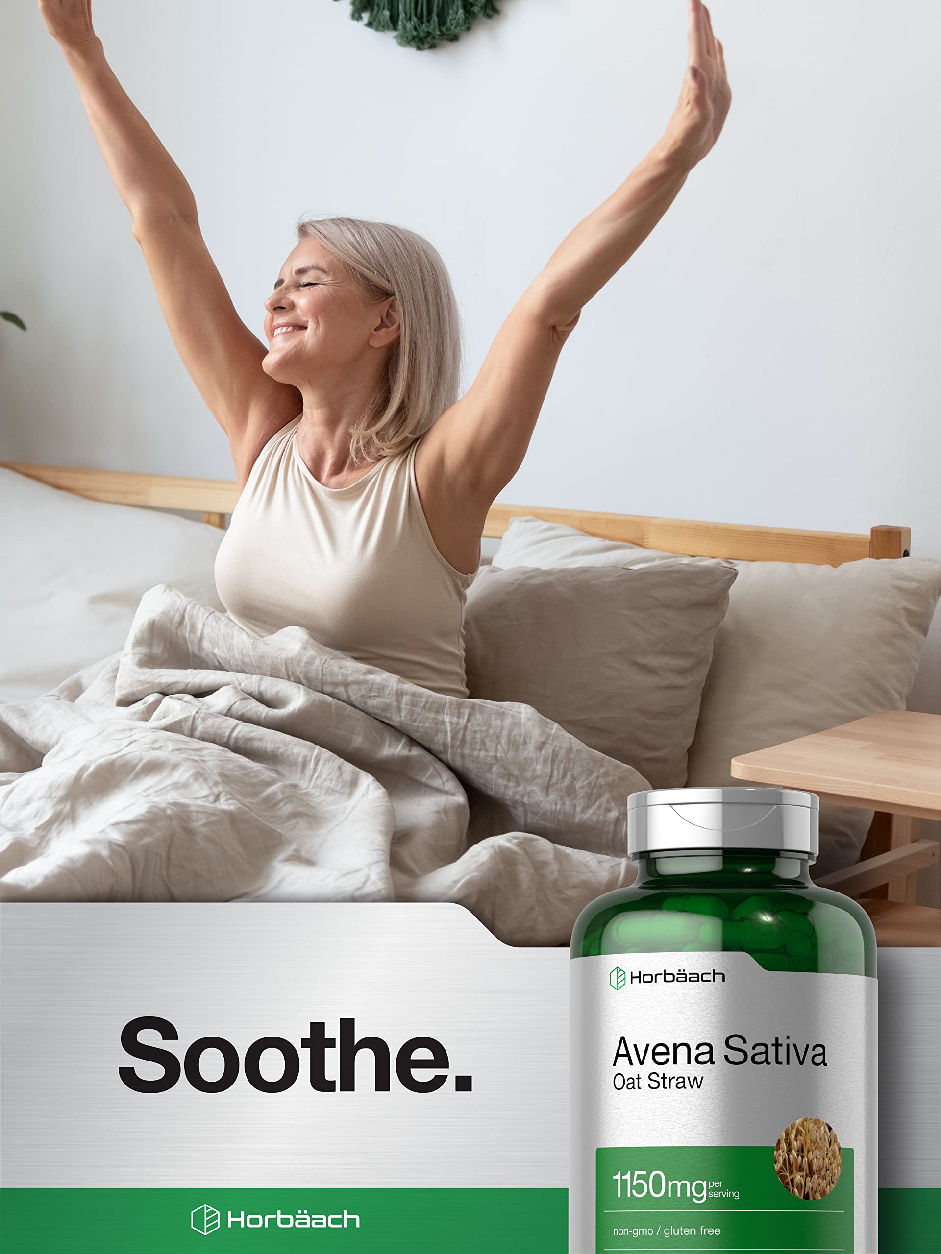 Packaging of Horbaach Avena Sativa extract highlighting gluten-free and non-GMO qualities.