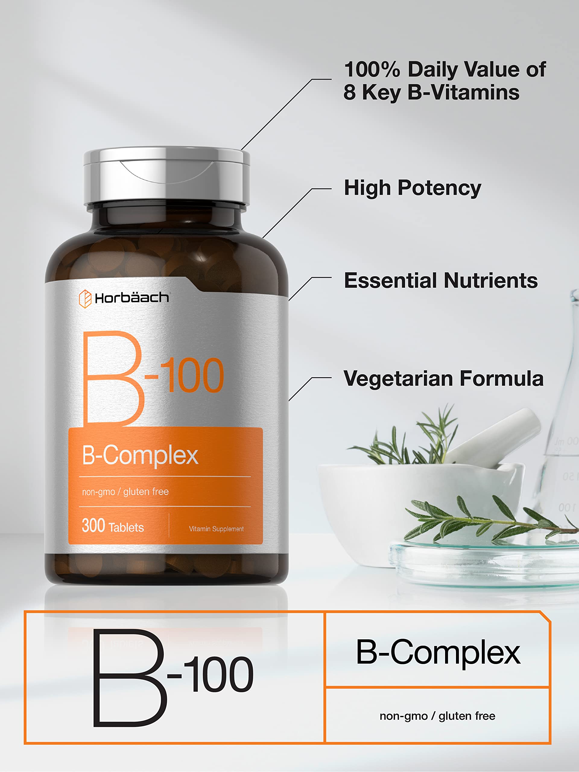 Detail of Horbäach B-100 Complex label, featuring vegetarian and gluten-free traits
