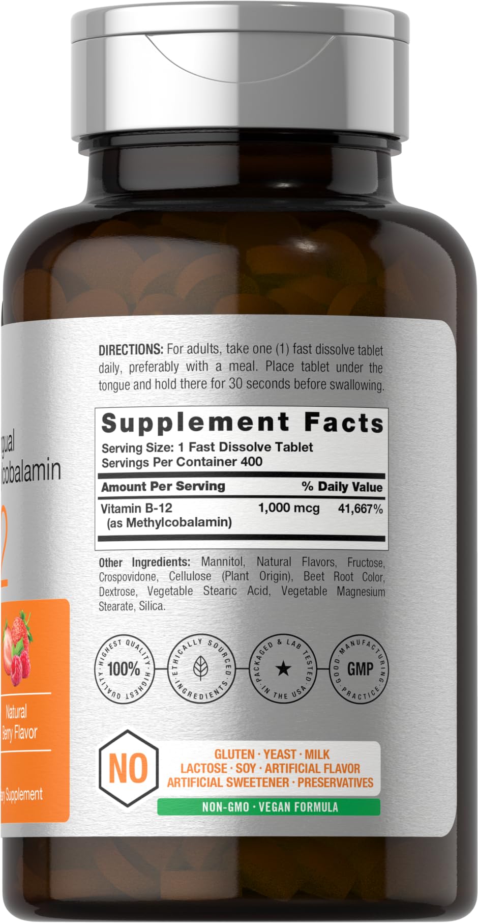 Horbaach B12 sublingual tablets in berry flavor on blister pack for daily energy support