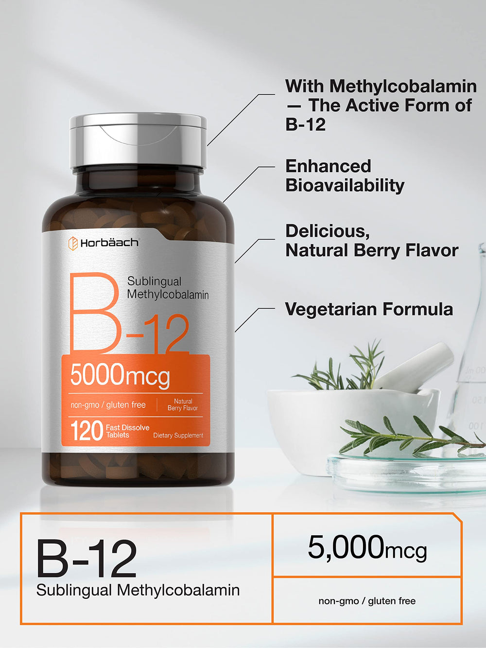 Horbäach B12 vegetarian formula label highlighting non-GMO and gluten-free