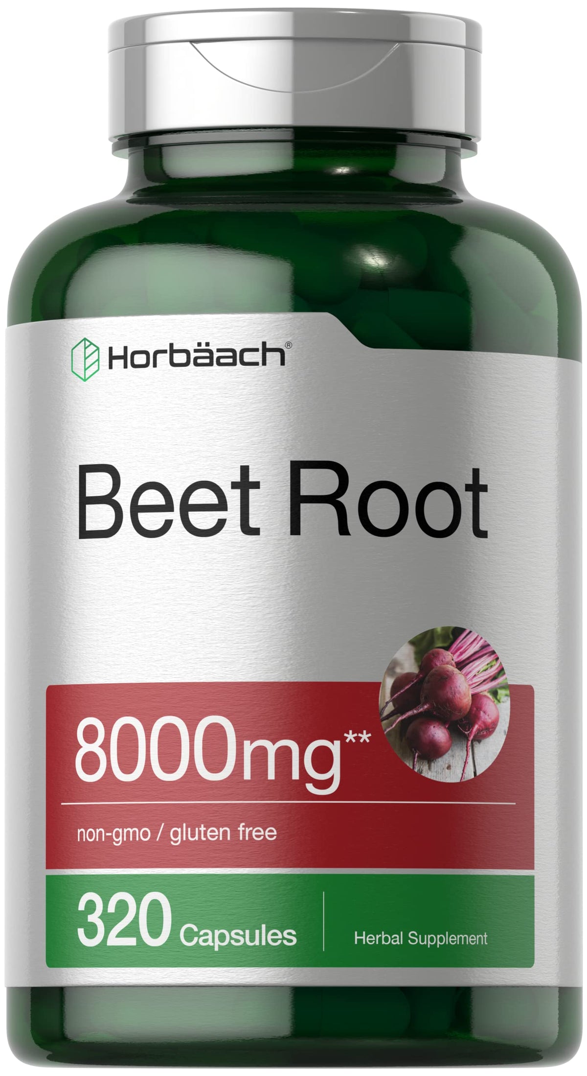 Horbäach Beet Root Powder Capsules bottle showcases high potency 8000mg formula for daily wellness.