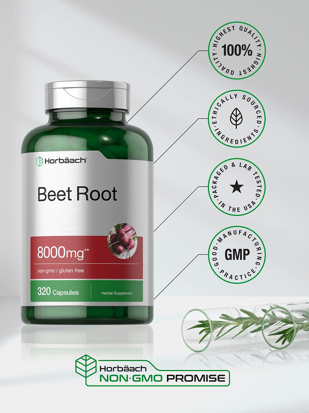 Ingredients panel on Horbäach Beet Root Powder highlights purity and lab-tested components.