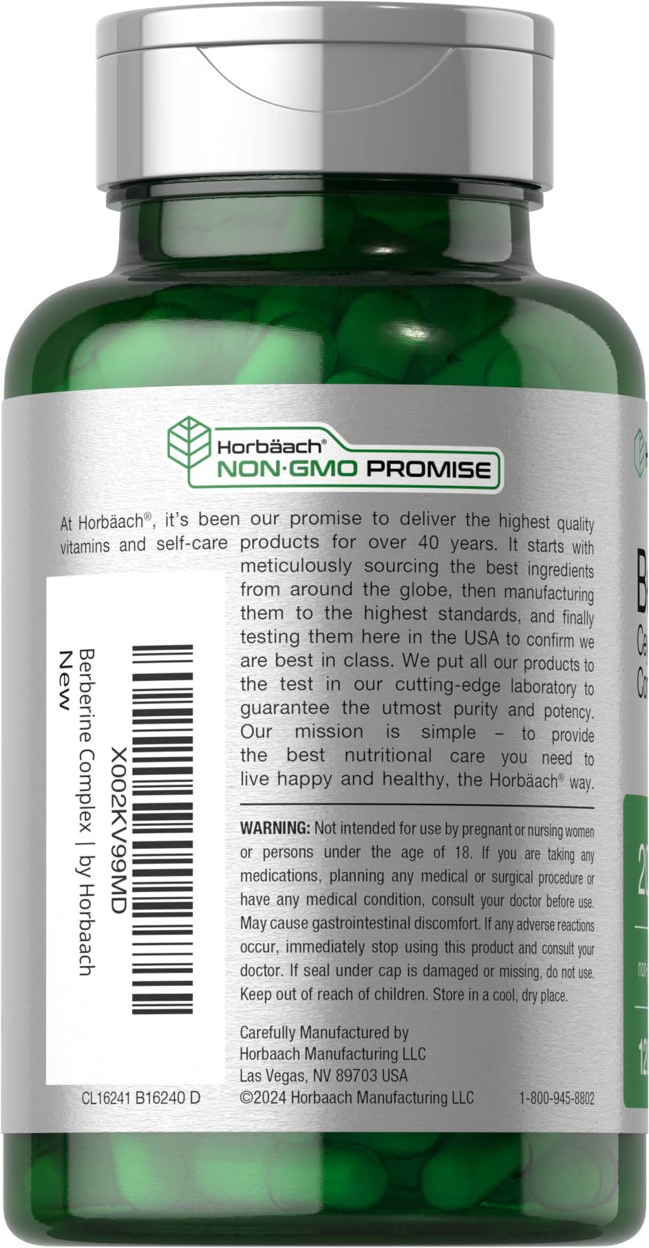 Horbäach Berberine-Cinnamon bottle side view emphasizes gluten-free, non-GMO quality