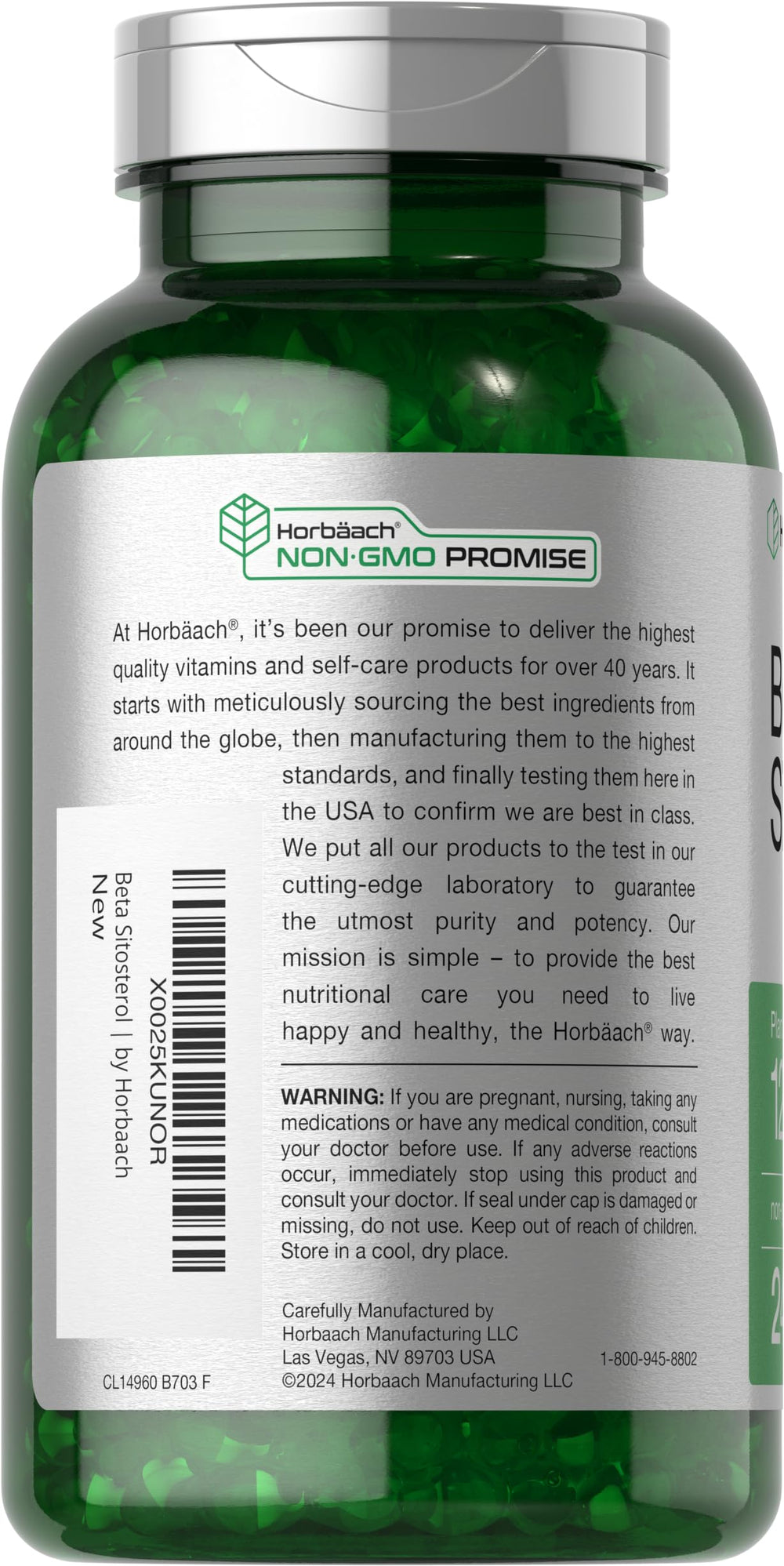 Horbaach Beta Sitosterol label view highlights gluten-free and non-GMO.