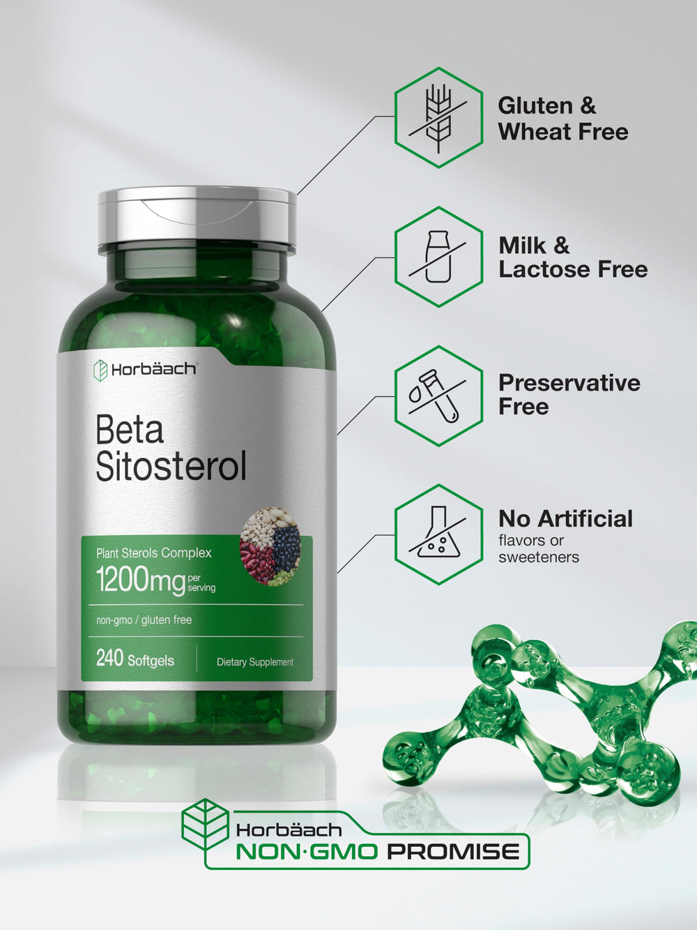 Horbaach Beta Sitosterol non-GMO mark signals clean formulation.