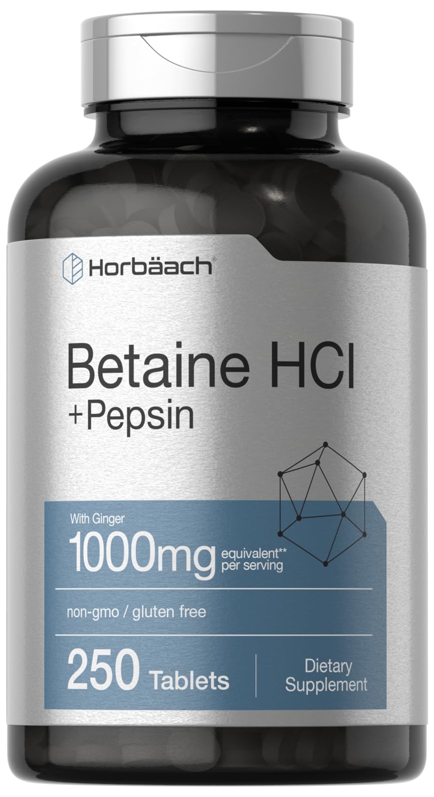 Horbaach Betaine HCl bottle highlights high-potency digestive support.