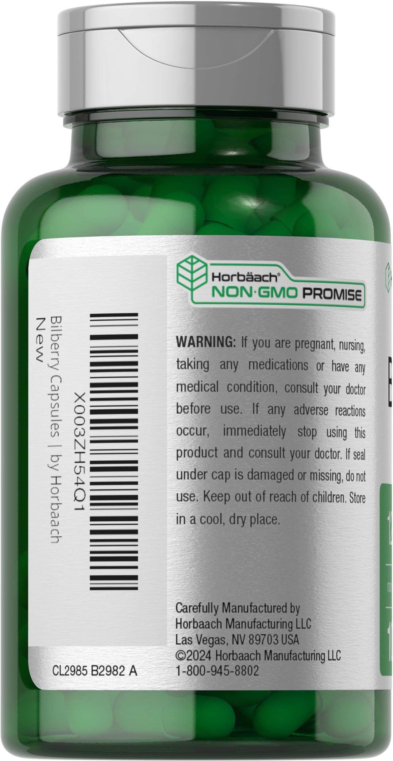 Close view of Horbäach Bilberry bottle with capsules for daily wellness.