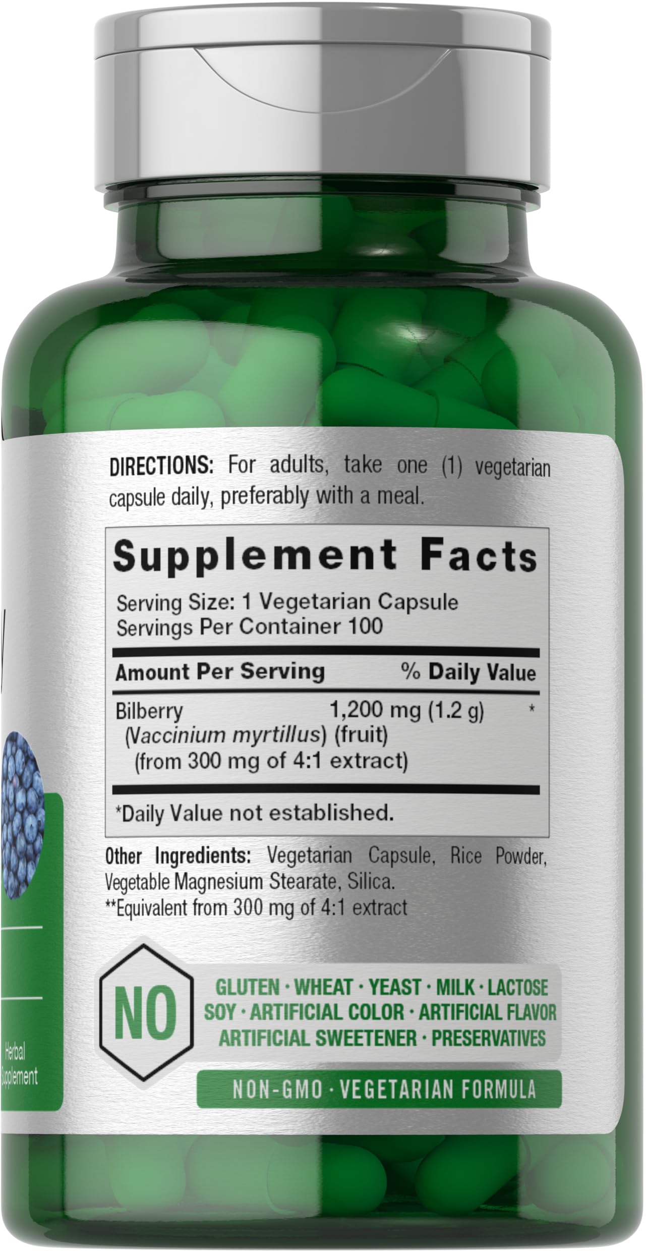 Horbäach Bilberry capsules on label highlight vegetarian formula.