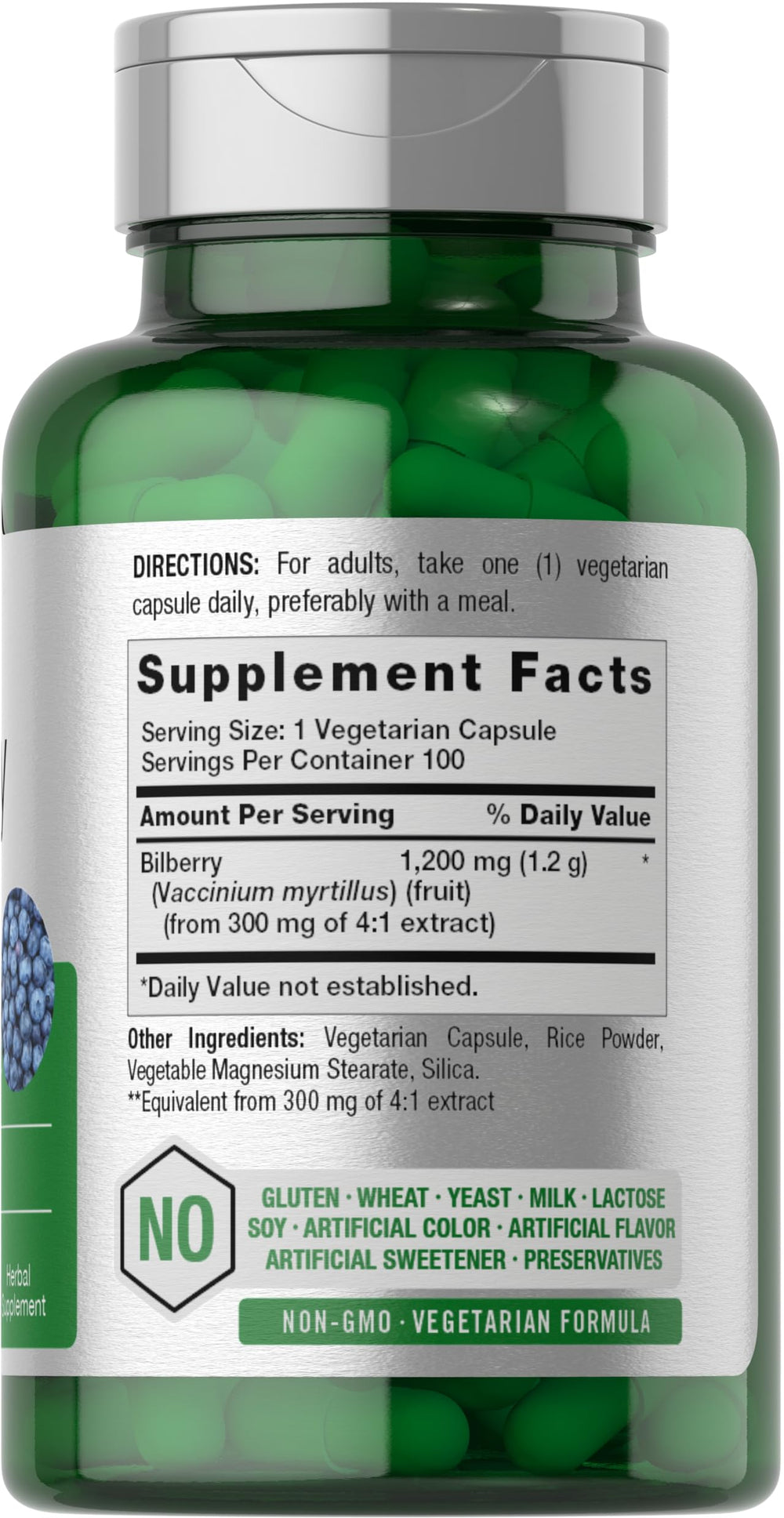 Horbäach Bilberry capsules on label highlight vegetarian formula.