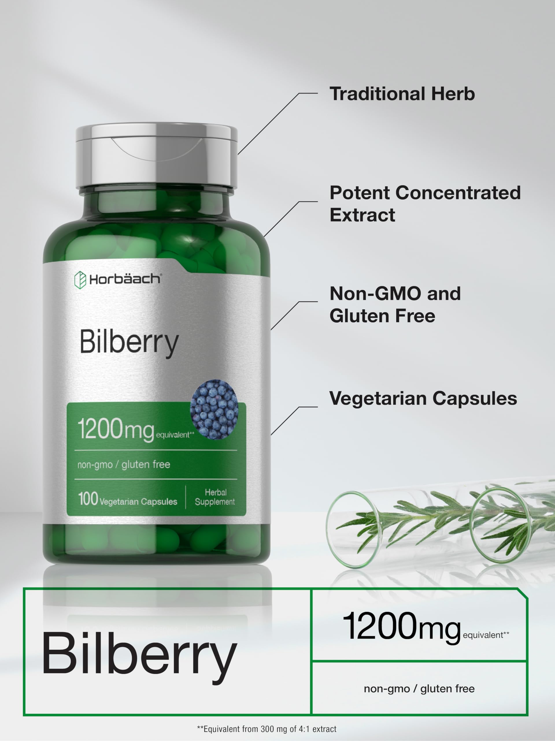 Horbäach Bilberry label emphasizes gluten-free and non-GMO options.
