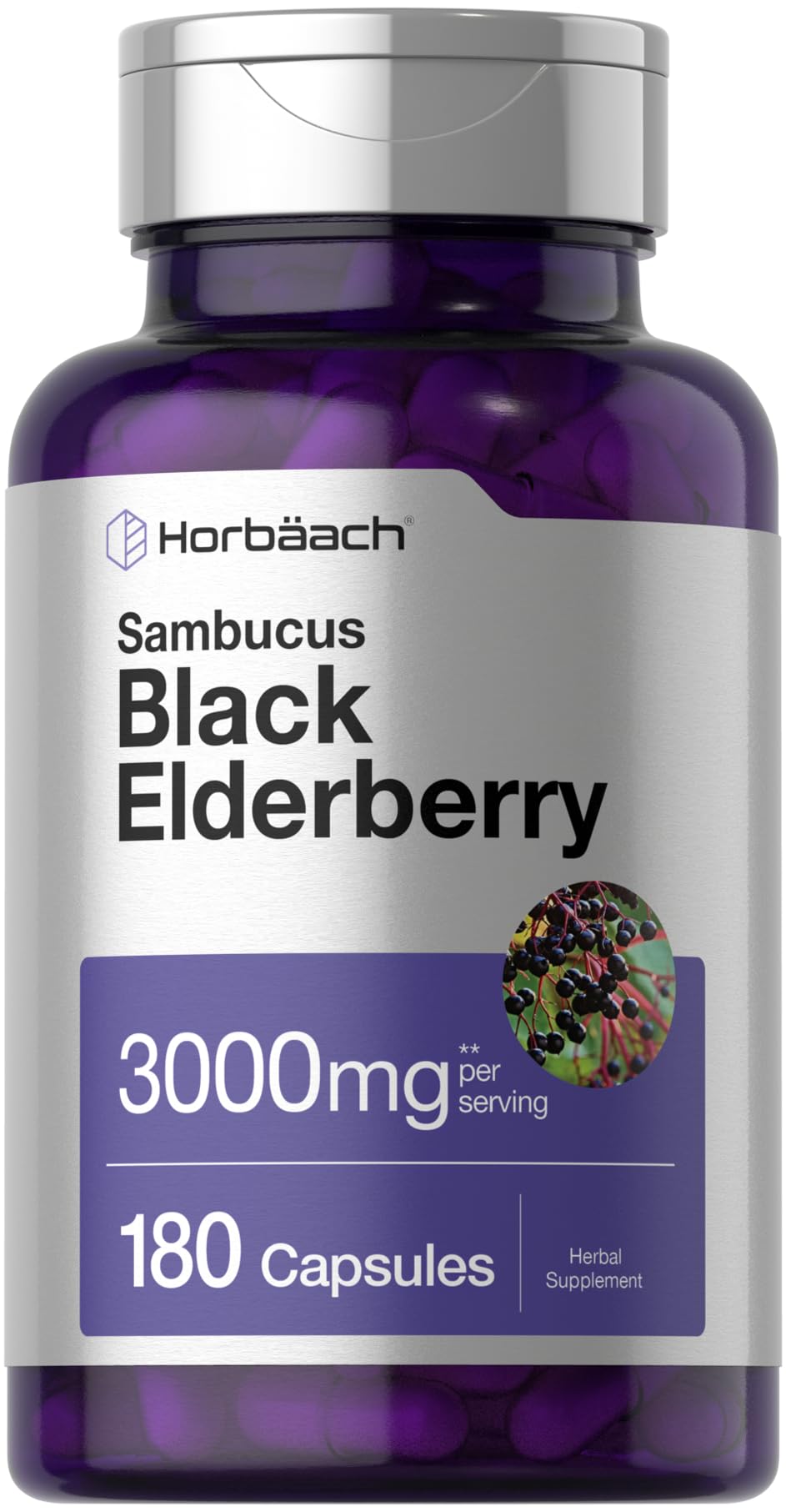 Horbäach Black Elderberry bottle front showcases a high-dose 3000 mg extract.