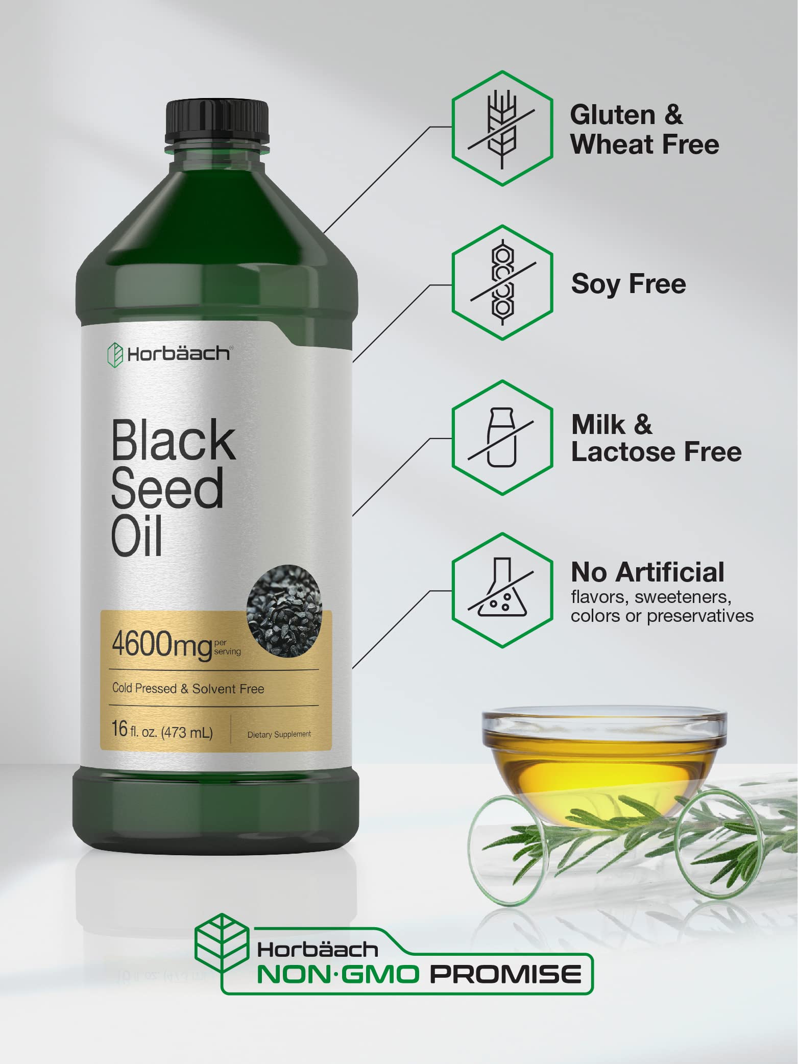 Horbäach Black Seed Oil Liquid glass bottle with 16oz packaging.