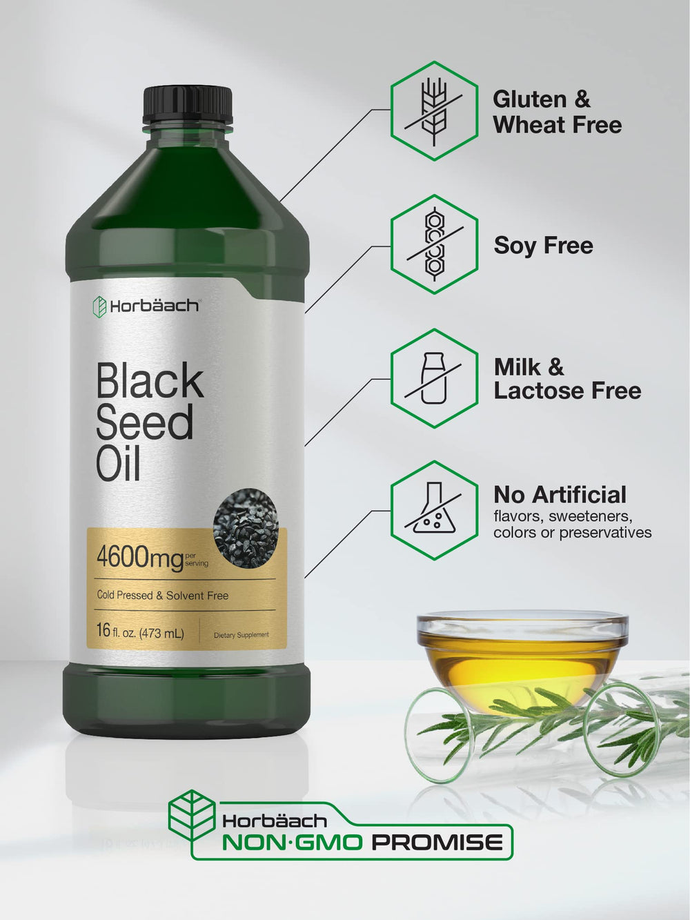 Horbäach Black Seed Oil Liquid glass bottle with 16oz packaging.