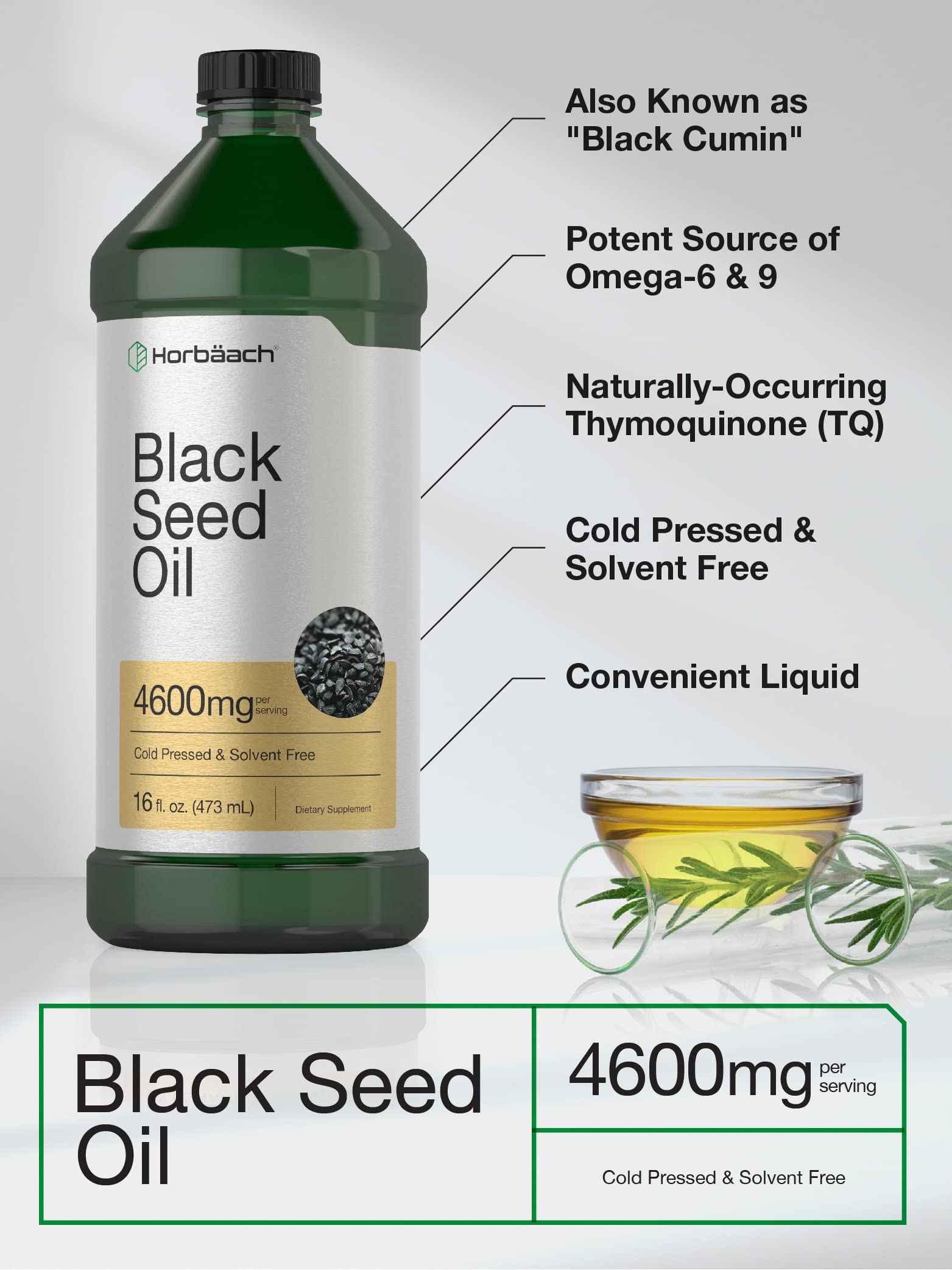 Horbäach Black Seed Oil Liquid label close-up highlights solvent-free formula.