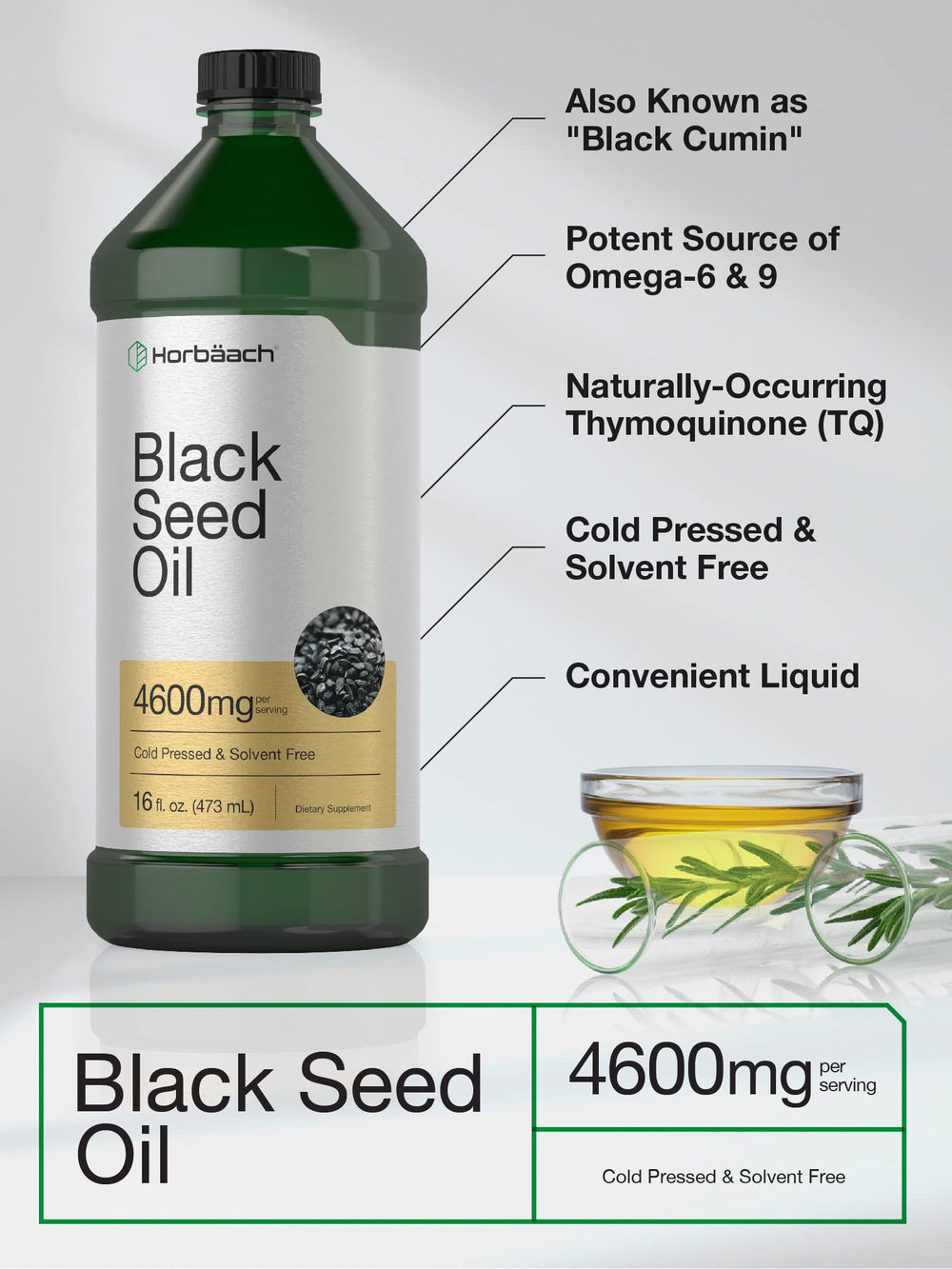 Horbäach Black Seed Oil Liquid label close-up highlights solvent-free formula.