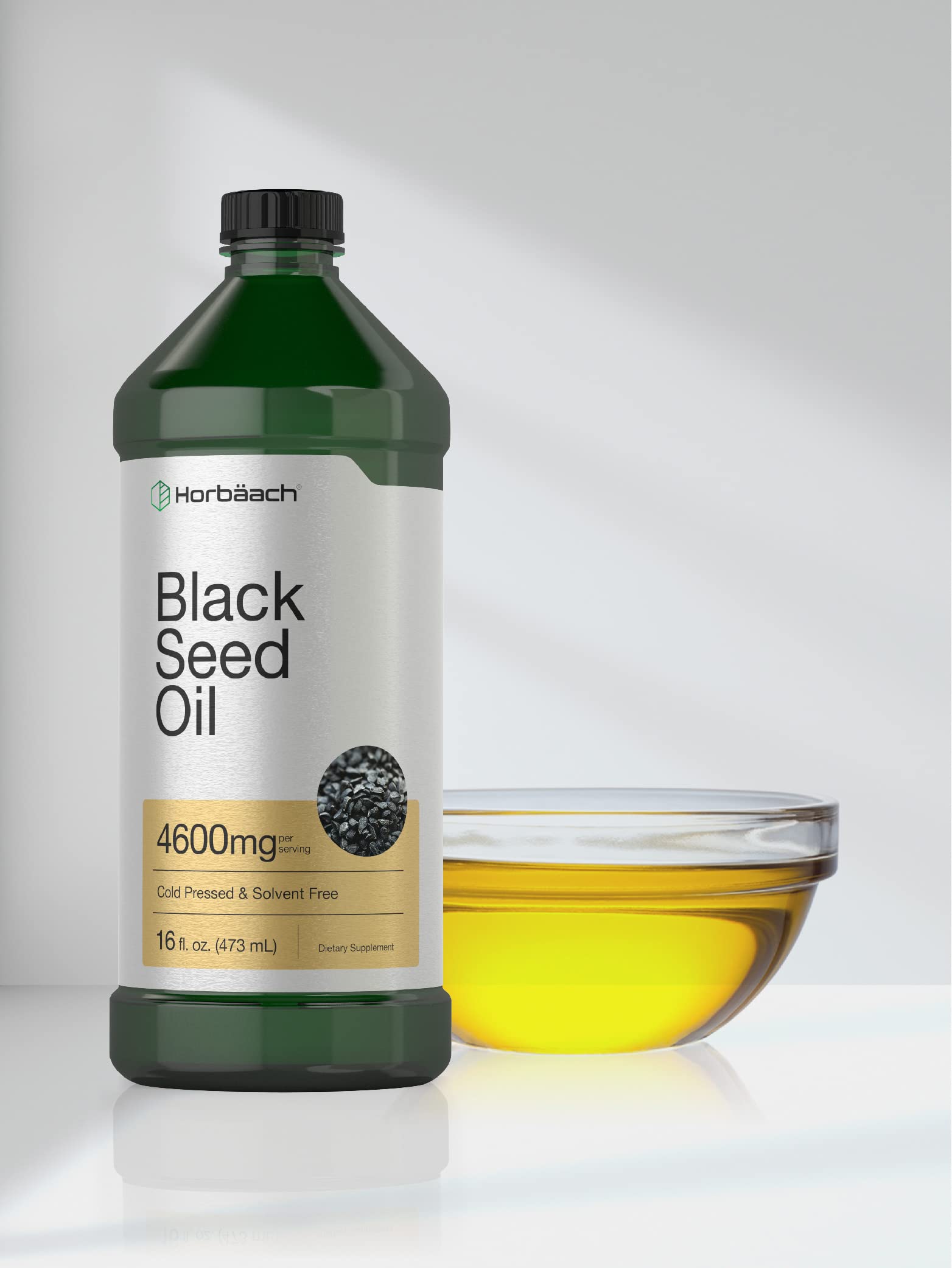 Horbäach Black Seed Oil Liquid packaging communicates vegetarian and gluten-free formula.