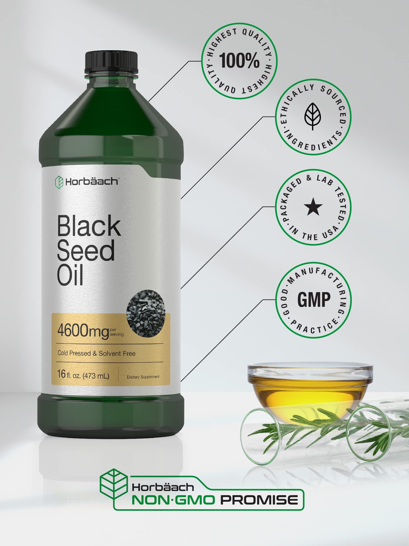 Horbäach Black Seed Oil Liquid side view on kitchen counter.