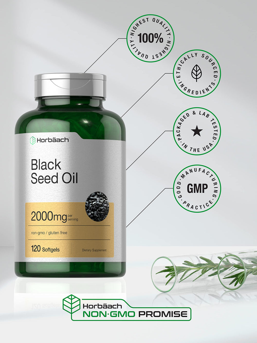 Non-GMO and gluten-free Horbaach Black Seed Oil packaging