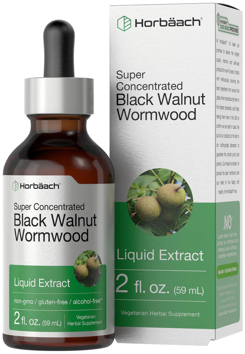 Horbäach black walnut hull wormwood extract bottle shows alcohol-free daily tincture.