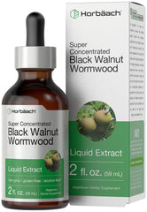 Horbäach black walnut hull wormwood extract bottle shows alcohol-free daily tincture.