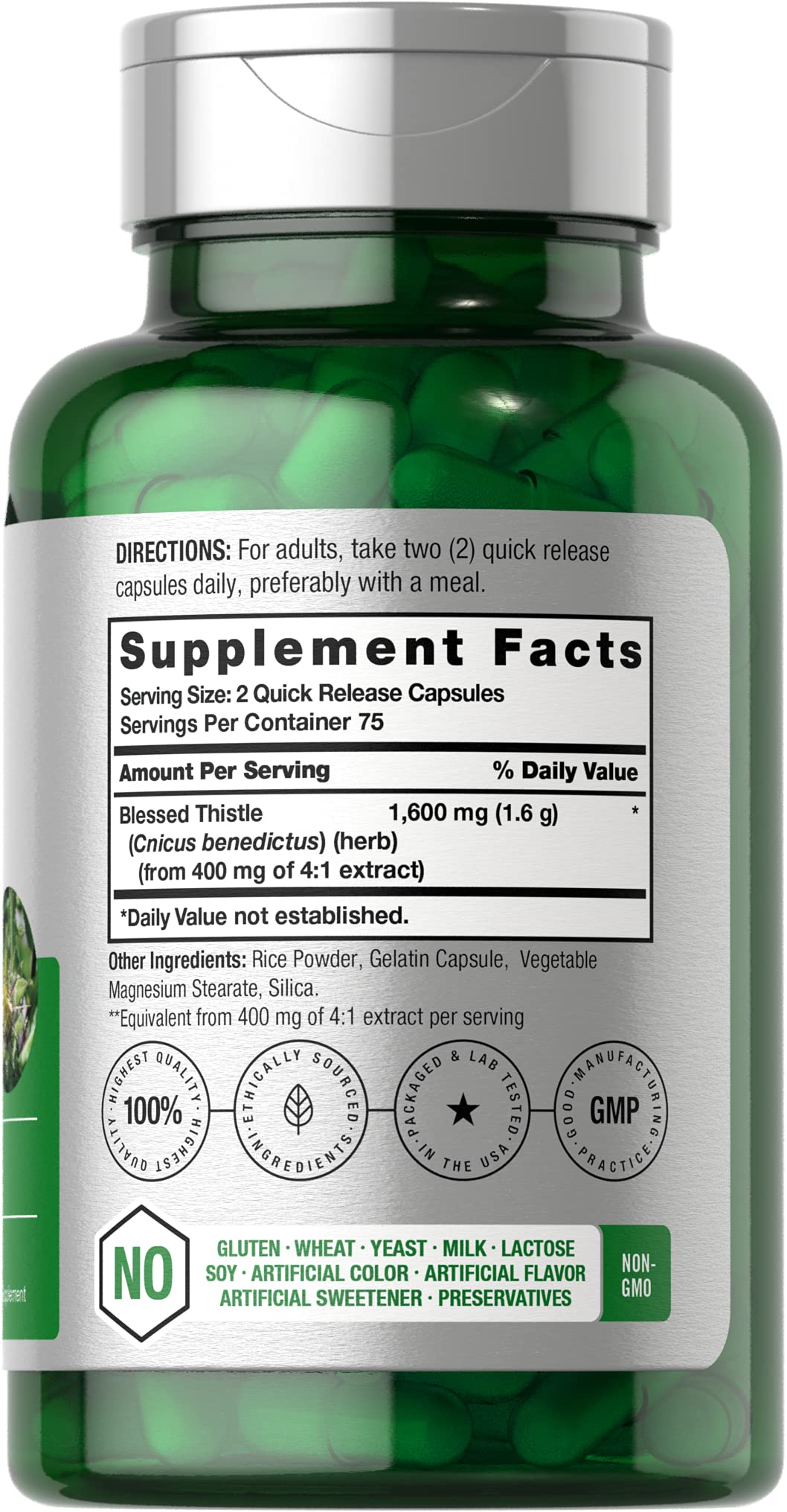 Horbaach Blessed Thistle Capsules label closeup highlighting potency and ingredients.