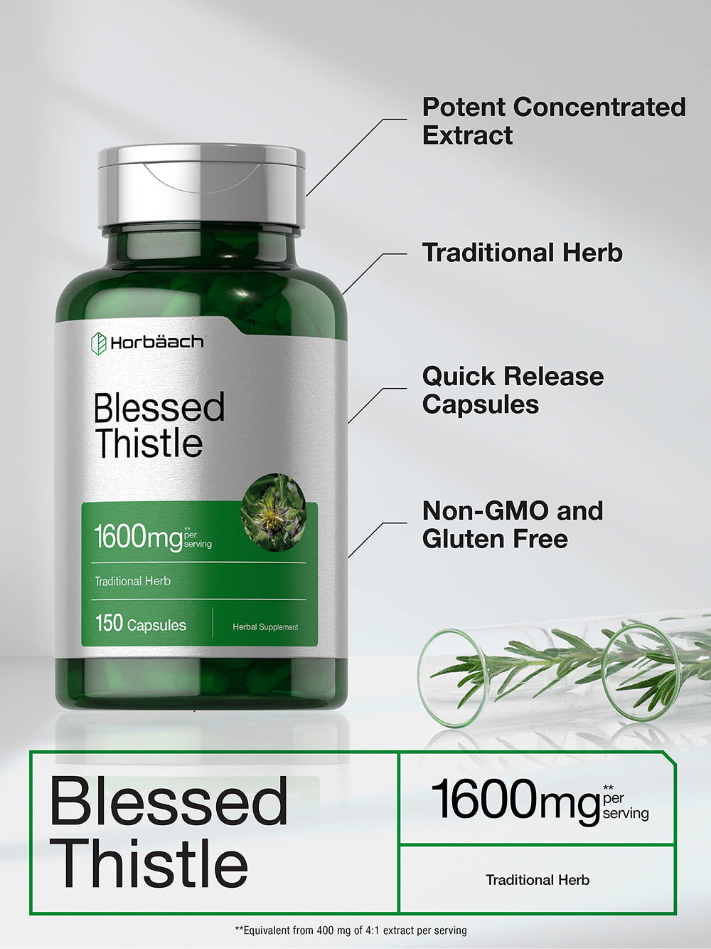 Horbaach Blessed Thistle Capsules packaging box showing non-GMO and gluten free claim.