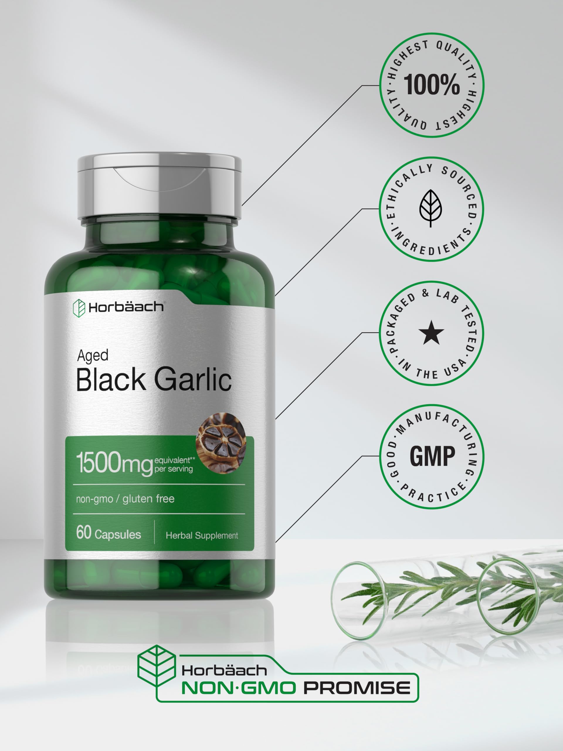 Botella de Horbaach Aged Garlic Extract, fácil de tomar en día a día.