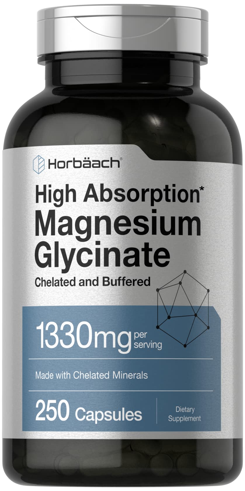 Horbäach Buffered Magnesium Glycinate bottle shows high-absorption formula.