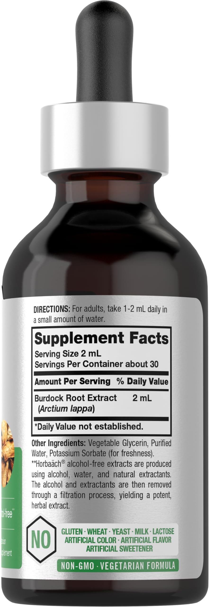 Horbäach Burdock Root Tincture bottle cap close-up highlighting alcohol-free formula.