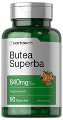 Horbäach Butea Superba root capsules in bottle show 840 mg potency for daily vitality.