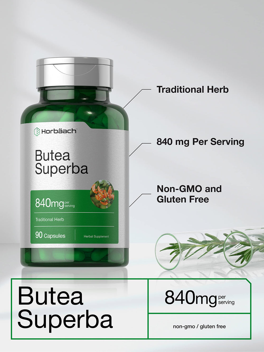 Horbäach Butea Superba capsules on shelf highlight gluten-free non-GMO formula.