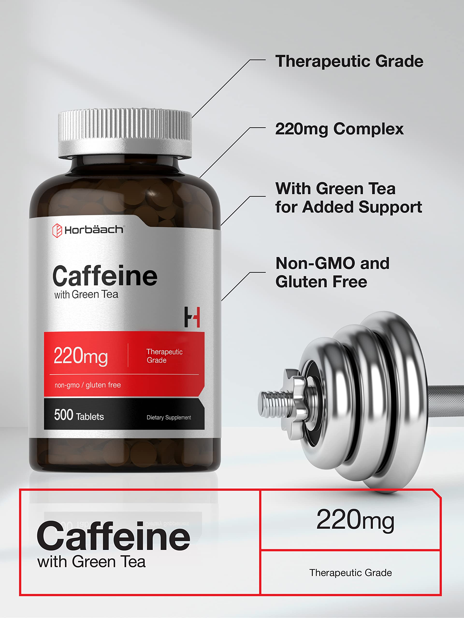 Horbäach caffeine pills closeup highlighting supplement tablets.
