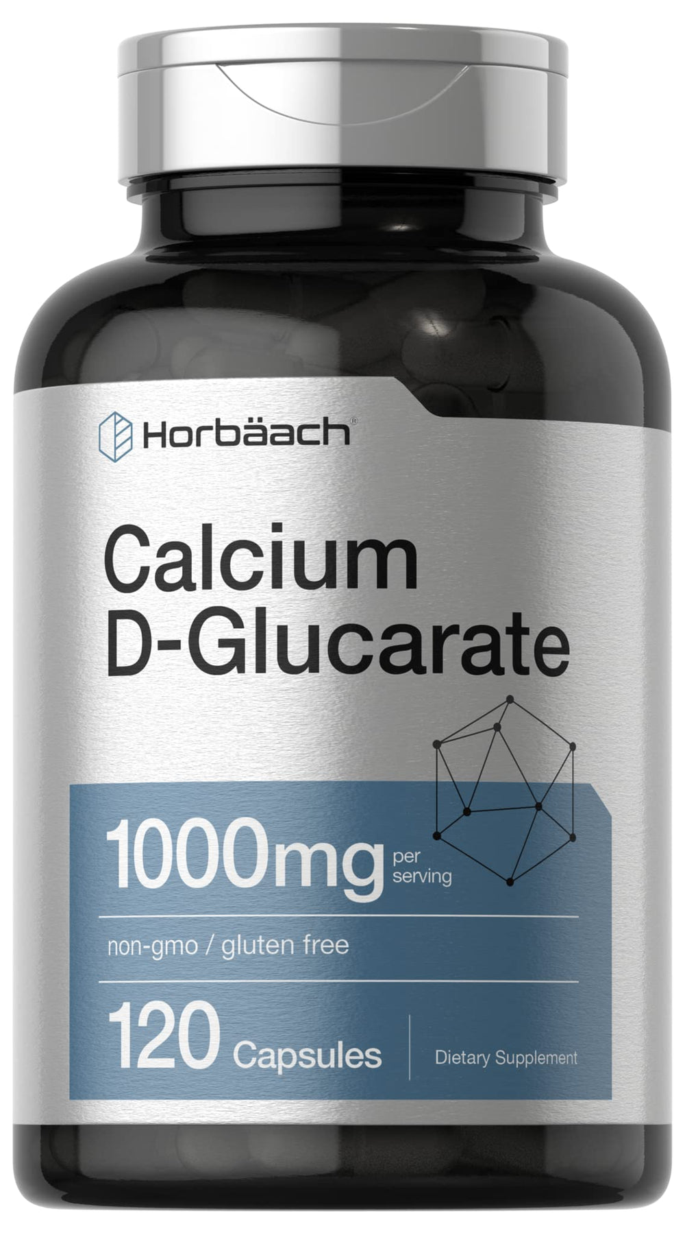 Horbäach Calcium D-Glucarate 1000mg bottle close-up showing easy-to-swall capsules for daily wellness.