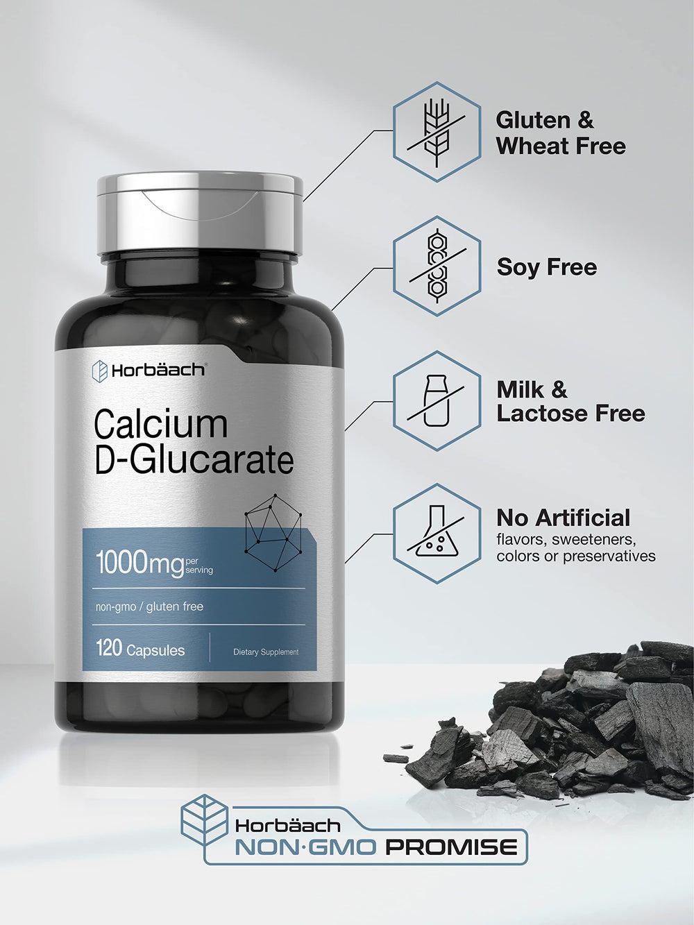 Horbäach Calcium D-Glucarate ingredients panel showing 1000mg per serving.