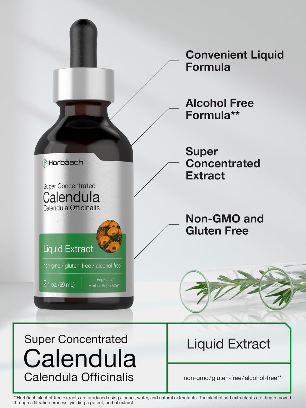 Horbäach Calendula Tincture label close-up showing ingredient and allergen-free formula.