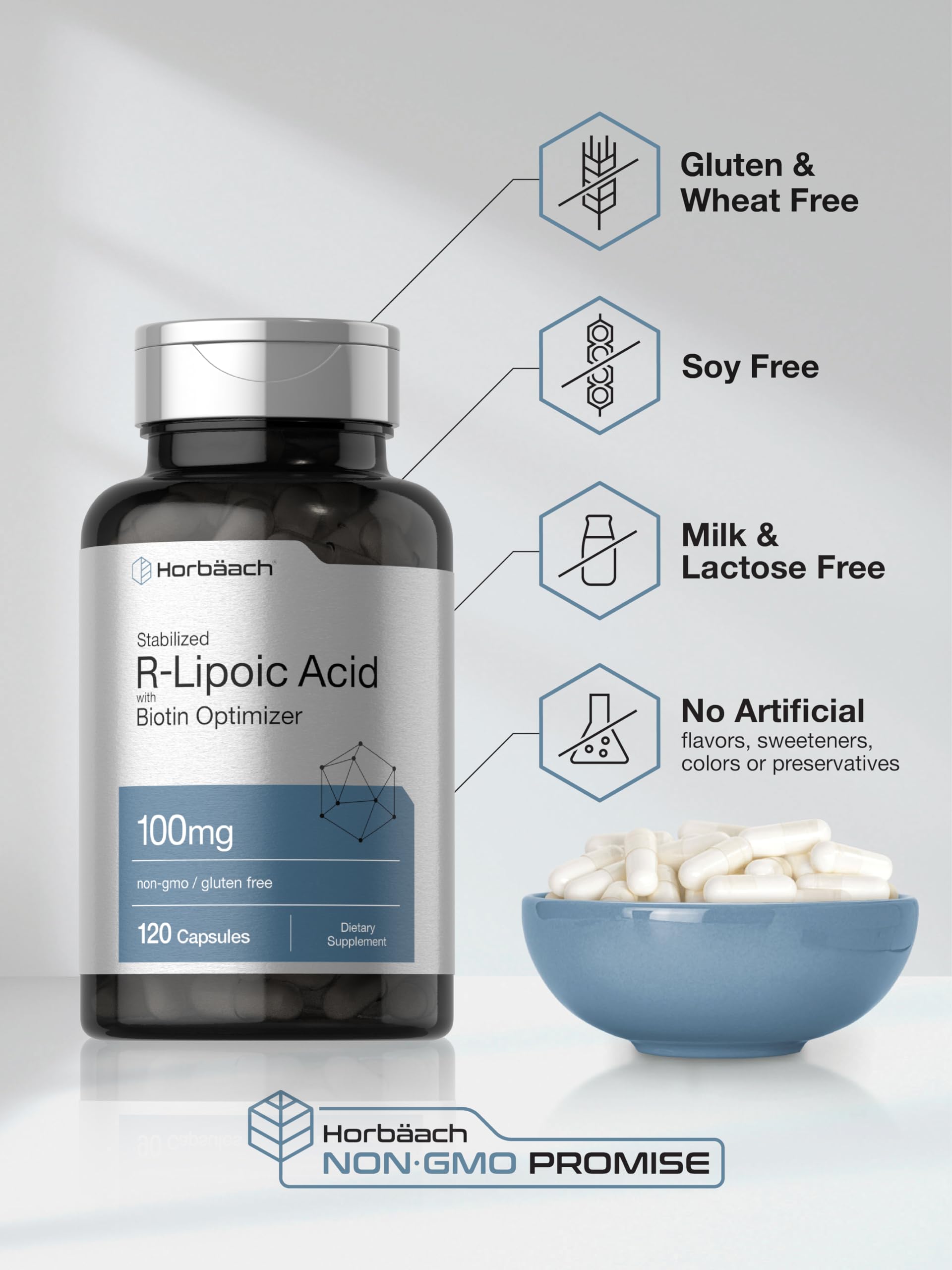 Horbaach Lipoic Acid capsules on a counter ready for daily supplementation.