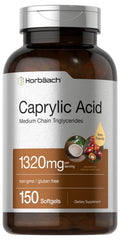 Horbaach Caprylic Acid 1320mg bottle close-up highlighting potency for keto routines