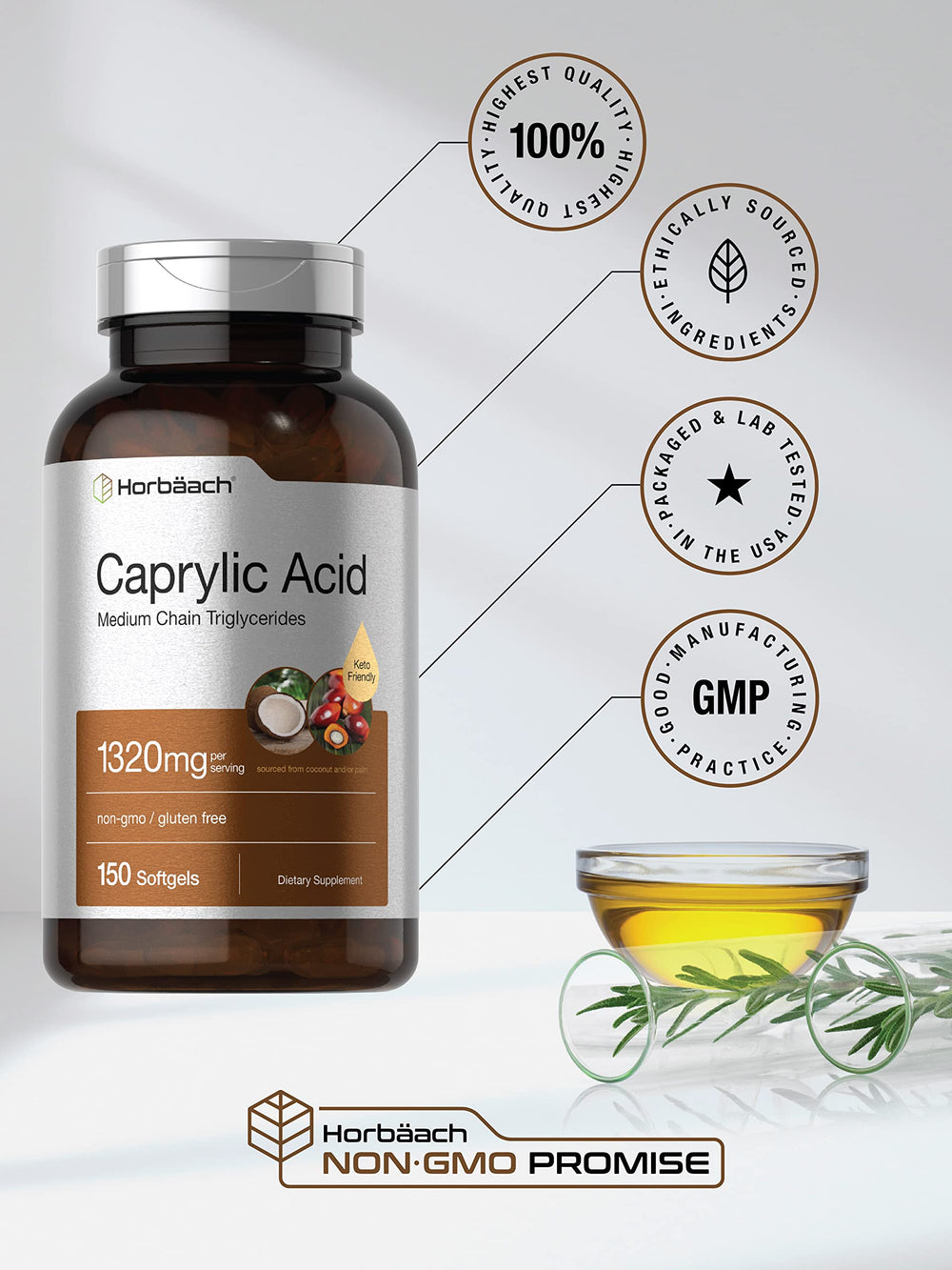 Horbaach Caprylic Acid label confirms gluten-free and non-GMO ingredients