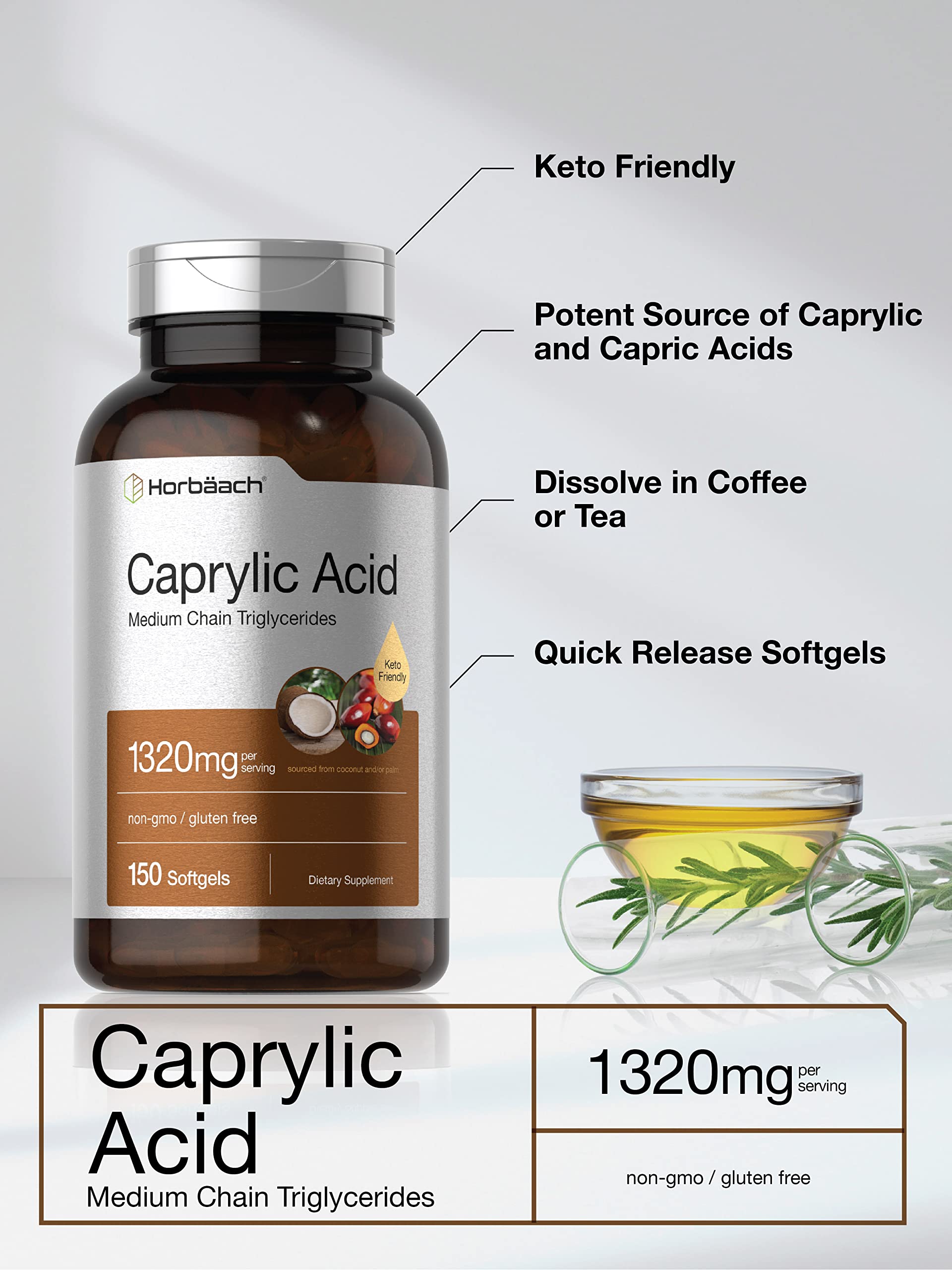 Horbaach Caprylic Acid MCT from coconut and palm kernels, optimized for fast absorption
